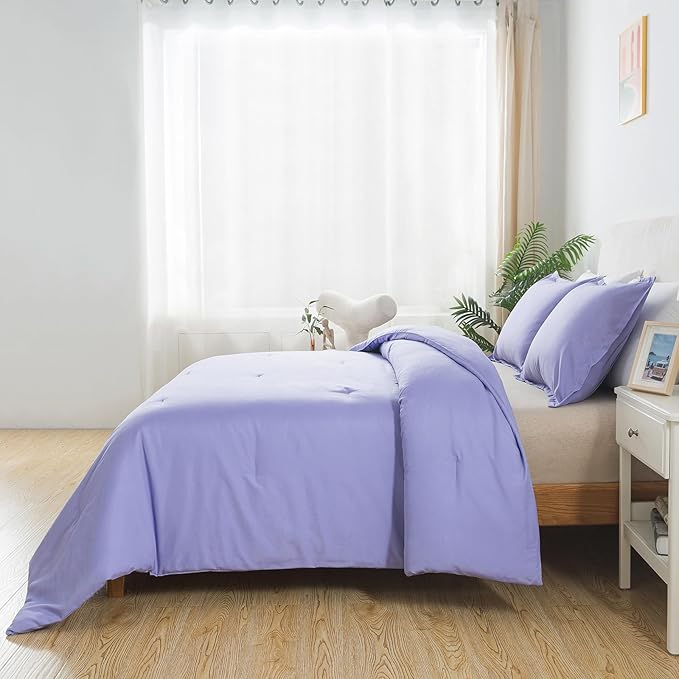 Lavender Purple Comforter Set King Size, Solid Luxury Skin-friendly Boho Bedding Set & Collections, Breathable Fluffy Microfiber 3 PCS (104"x90") Comforter Set for All Seasons