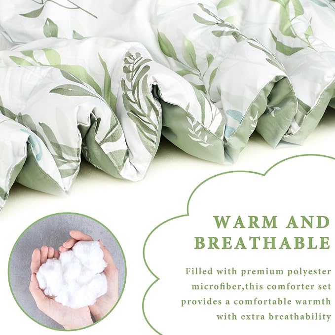DILIMI Full Size Comforter Set for Girls, 5 Pieces Reversible Comforter Full Size, Ultra Soft Green Leaf Full Size Bed Comforter Sets with Sheet, Comforter, Flat Sheet, 2 Pillowcase