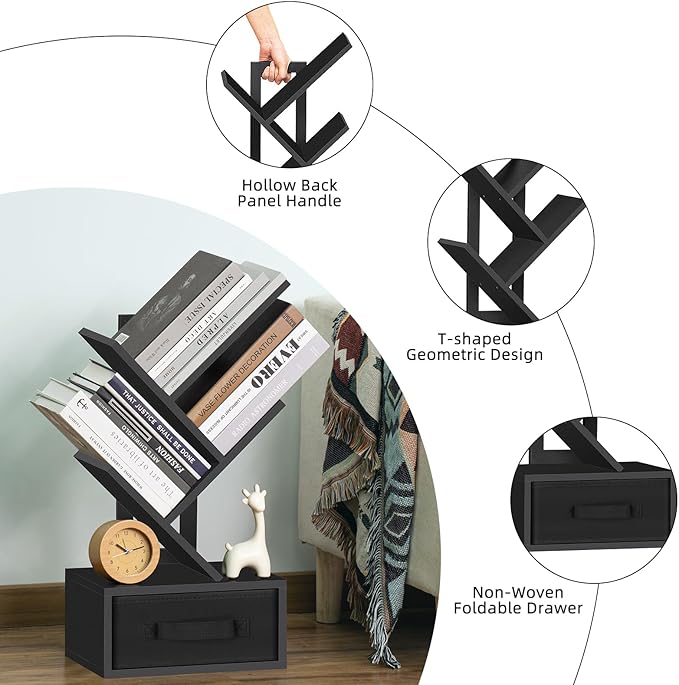 Small Book Shelf with Drawer,4 Tier Black Tree Bookshelf,Wooden Desktop Bookcase,Modern Desk Display Storage Bookshelves,Floor Standing Organizer Bookcases for Living Room,Bedroom,Office