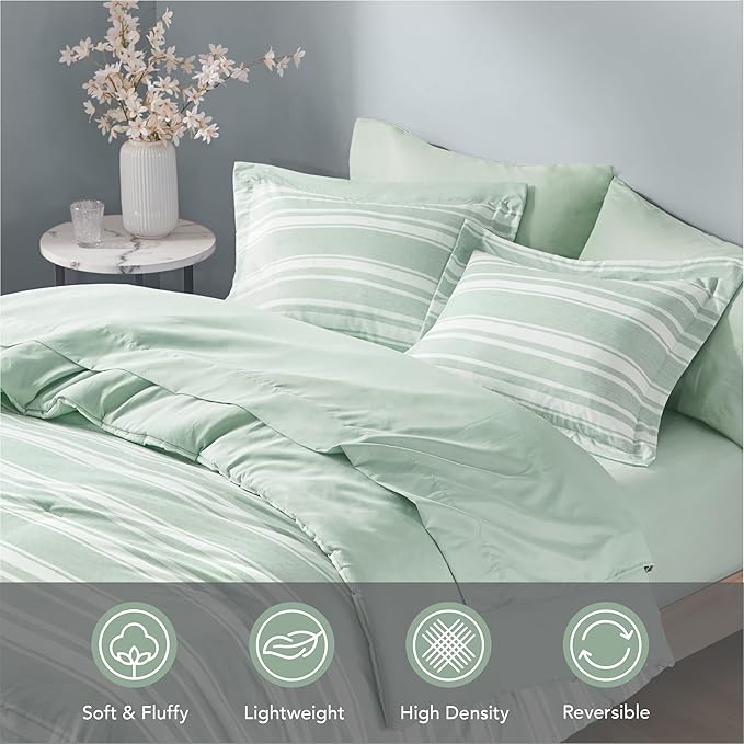 Codi Queen Comforter Set 7 Piece, Sage Green White Striped Bed in a Bag Reversible, Cationic Dyeing Shabby Chic Bedding Sets with Comforter, Sheets, Pillowcases & Shams