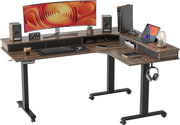 FEZIBO Triple Motor 63" L Shaped Standing Desk with 3 Drawers, Electric Gaming Desk Adjustable Height, Corner Stand up Desk with Splice Board, Black Frame/Black Walnut Top