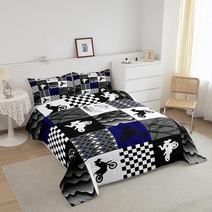 Dirt Bike Comforter Set, Motocross Rider Bedding Comforter Sets Queen, Motorcycle Grunge Down Comforter For Kids Boys Adult Men, Motorbike Extreme Sport Game Comforter, Buffalo Plaid, Blue Grey Black
