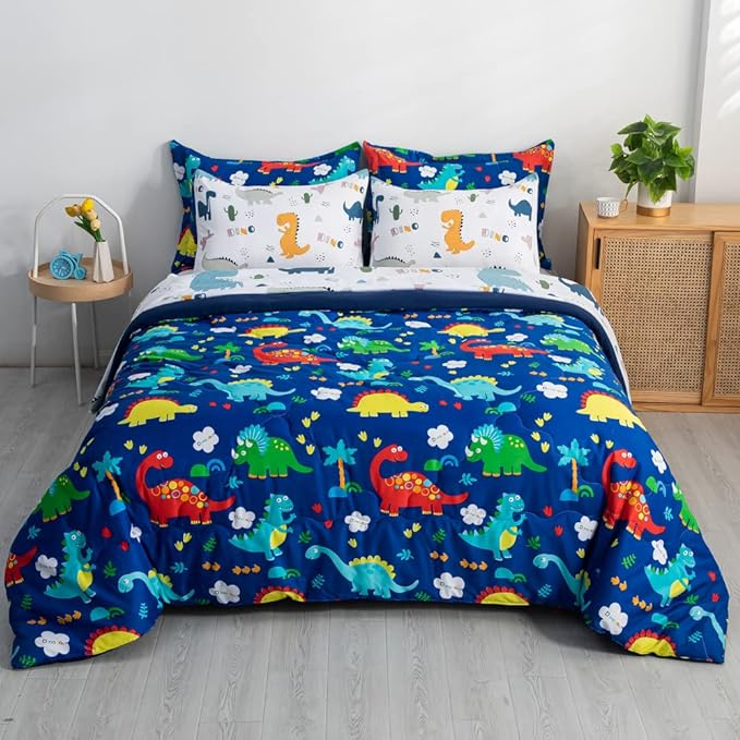Wajade 7 Piece Kid Boys Dinosaur Comforter Set Twin Size 3D Blue Dinosaur Wild Park Jungle Print Bedding Set with Comforter, Sheet Set, Pillowcase and Sham