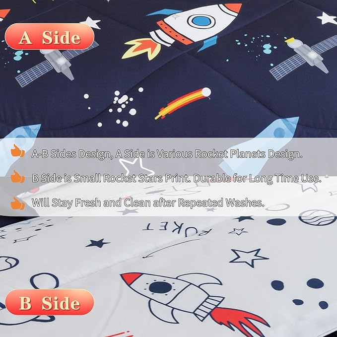 RYNGHIPY Kids Comforter Set Full Size, Cute Space Rocket Bedding Set for Boys Girls, Space Themed Teen Boy Bedding (Space Rocket,Full)