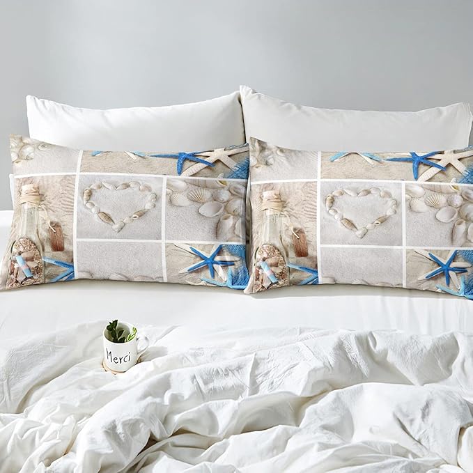 Erosebridal Beach Comforter Set, Ocean Themed Bedding Set King Size Coastal Nature Duvet Sets Starfish Love Heart Bedding Comforters for Kids Boys Girls Teens Adult Bedroom Decor