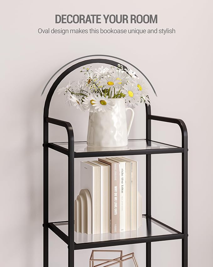 Bookcase Bookshelf, Tempered Glass Bookshelves, Slim Shelving Unit for Bedroom, Bathroom, Home Office, Steel Frame, 5 Tier Black BC05001B