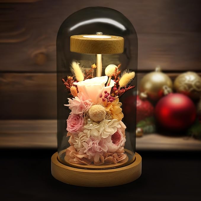 Preserved Fresh Flower Lamp, Room Sleep Lamp with Warm Light, True Immortal Flower Lamp, Decoration for Cabinet, DIY Handmade Flower Unique for Your Partner, Pink