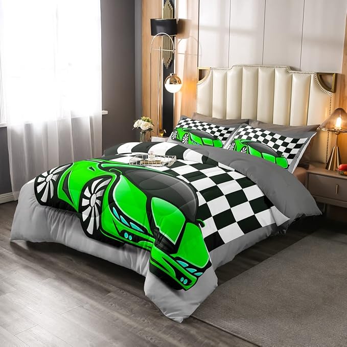 Racing Car Comforter Set, Cool Speed Race Car Down Comforter Full for Kids Boys Girls Teens Bedroom, Automobile Extreme Sport Bedding Set Plaid Checkered Duvet Sets with 2 Pillowcases, Grey Green