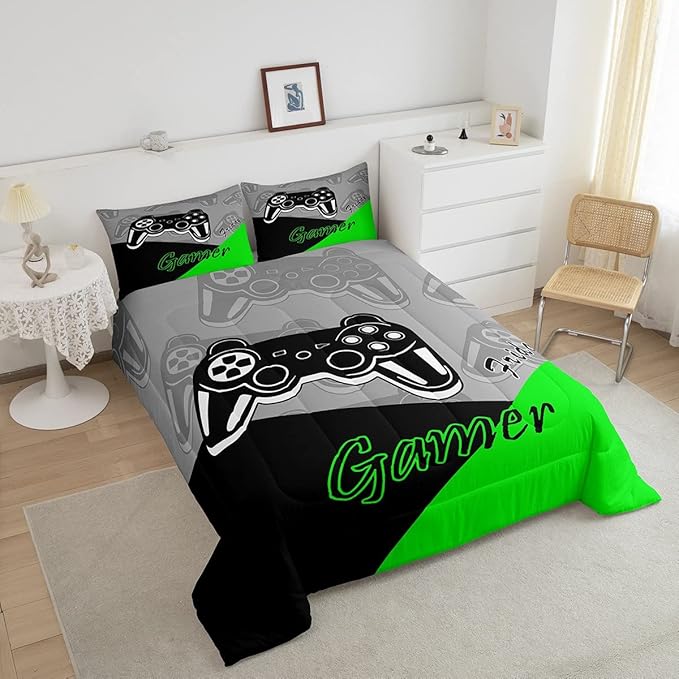 Feelyou Gamer Comforter Set Gaming Bedding Set for Teens Boys Video Game Decor Comforter Game Controller Quilted Duvet Set 1 Comforter with 2 Pillowcases King Green