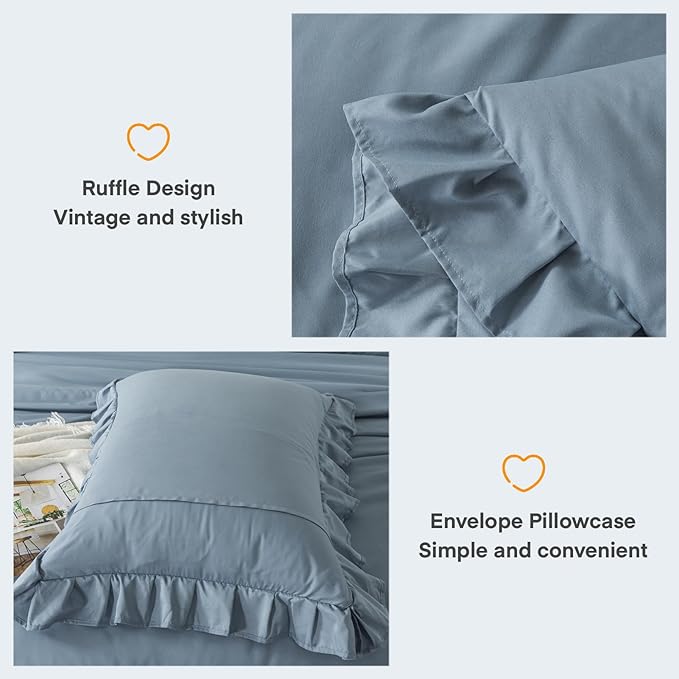 Andency Grayish Blue King Comforter Set(104x90Inch), 3 Pieces Lightweight Winter Summer Warm Fluffy Bedding Comforter Set, All Season Microfiber Shabby Chic(1 Ruffle Comforter and 2 Pillowcases)