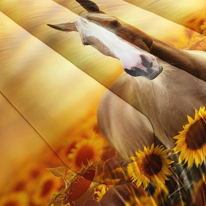Horse Comforter Full Size,Sunflower Horse Comforter Set for Kids Teens Girls Boys,3Pcs Bedding Set Printed Comforter with 2 Pillowcases,Soft and Lightweight，Full Size