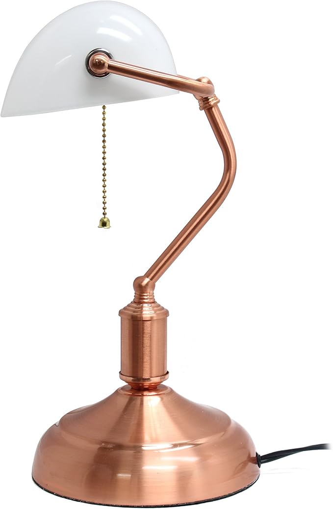 Simple Designs LT3216-RGD Executive Banker's Desk Lamp with White Glass Shade, Rose Gold