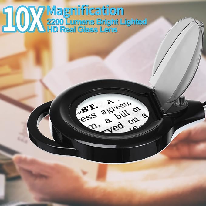 10X Magnifying Lamp with Clamp, KIRKAS 2200 LM Super Bright and Stepless Dimming Magnifying Glass with Light, Real Glass Lens Lighted Magnifier Light for Close Work, Crafts, Reading, Repair - Black