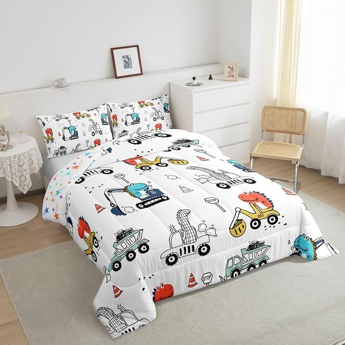 Feelyou Kids Cartoon Car Comforter Set Construction Bedding Set Twin Size Tractor Vehicle Truck Comforter for Kids Boys Girls Cute Dinosaur Quilt Set Yellow Blue Soft for Teens Child Room Decor