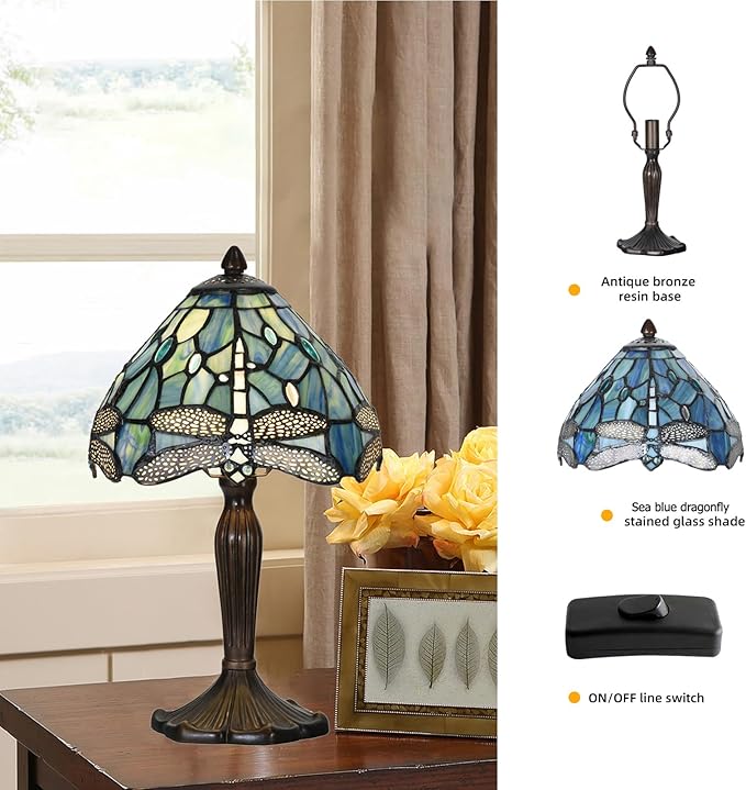 Tiffany Lamp Sea Blue Stained Glass Dragonfly Style Desk Reading Light for Small Space Bedside Bedroom Home Office
