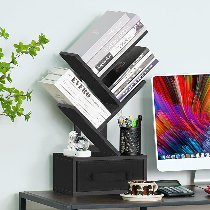 Small Book Shelf with Drawer,4 Tier Black Tree Bookshelf,Wooden Desktop Bookcase,Modern Desk Display Storage Bookshelves,Floor Standing Organizer Bookcases for Living Room,Bedroom,Office