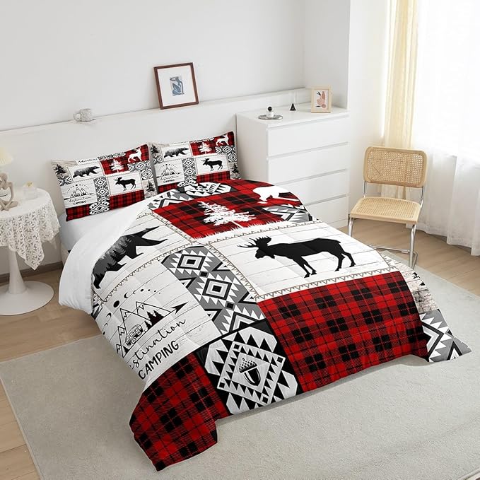 Deer Antlers Bear Kids Comforter Set King Size,Plaids Aztec Arrows Patchwork Bedding Set for Boys Girls Adults Room Decor,Rustic Adventure Xmas Down Comforter,Red Retro Duvet Insert,2 Pillowcases