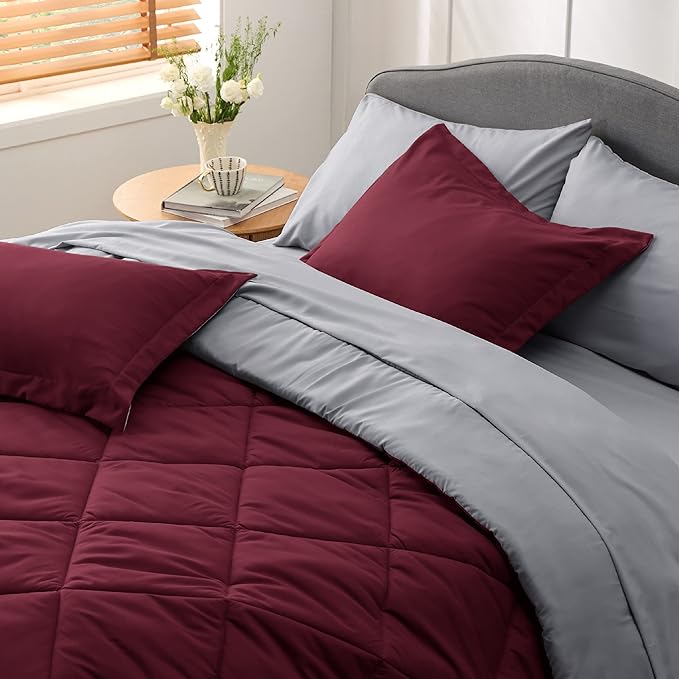 Bedsure Burgundy 7 Piece Reversible Comforter Set - Bed in a Bag with Comforters, Sheets, Pillowcases & Shams