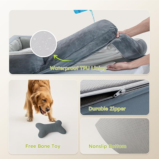 Extra Large Dog Bed, Orthopedic Dog Bed with Cooling Gel Memory Foam, Waterproof XL Dog Bed with Removable Washable Cover, 42" Dog Sofa Couch Dutch Velvet with Bone Toy, Dark Gray
