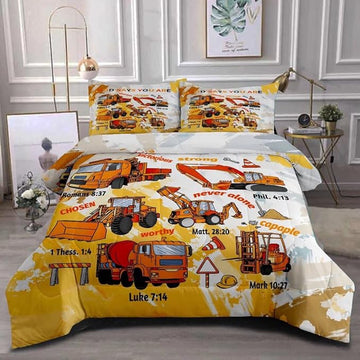 Kids Construction Vehicles Truck Comforter for Boys Queen,Cartoon Car Excavator Tractor Bedding Set,Construction Christian Spirational Quotes Comforter with 2 Pillowcases Yellow