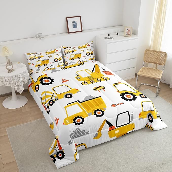 Feelyou Cartoon Car Comforter Set Kids Construction Comforter for Boys Equipment Trucks Bedding Set Breathable Cartoon Yellow Car Excavator Tractor Duvet Set Room Decor Quilt Set Twin Size
