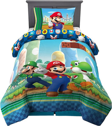 Franco Kids Bedding Super Soft Comforter and Sheet Set, 4 Piece Twin Size, Mario