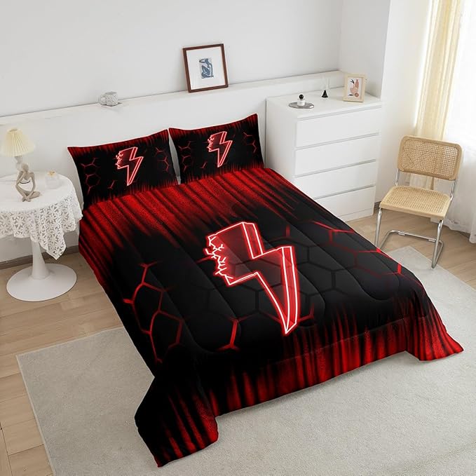 Feelyou Game Flash Bedding Set Queen Size Boys Girls Ombre Comforter Set for Kids Honeycomb Comforter Red Black Duvet Set Room Decor Quilt Set