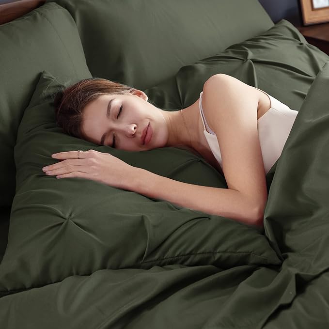 Bedsure Olive Green Comforter Set Queen - Bed in a Bag Queen 7 Pieces, Pintuck Beddding Sets Olive Green Bed Set with Comforter, Sheets, Pillowcases & Shams