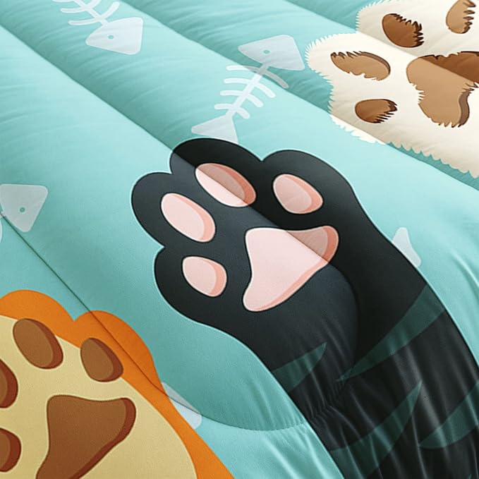 Datura home Cat Paws Comforter Bedding Set for Kids Teens,Cartoon Cat Paws and Fish Bones Pattern Lightweight Cyan Comforter with 2 Pillowcases,3pcs(Cat Paws Queen)