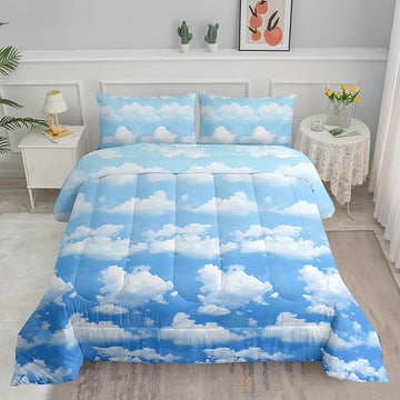 Axolotl Blue Cloud Comforter Set Twin,Light Blue Bedding Set,Cloud Sky Comforter Set Blue Sky and White Clouds Design Bedding Set,Sky Blue Comforter for Kids Girls Boys Teens,1 Quilt 2 Pillowcases