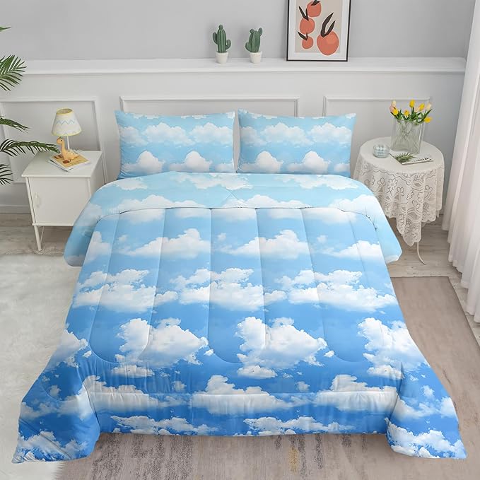 Axolotl Blue Cloud Comforter Set Twin,Light Blue Bedding Set,Cloud Sky Comforter Set Blue Sky and White Clouds Design Bedding Set,Sky Blue Comforter for Kids Girls Boys Teens,1 Quilt 2 Pillowcases