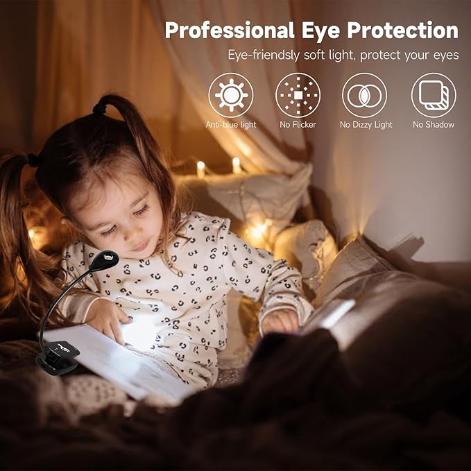 Book Lights for Reading in Bed, 12 LEDs Rechargeable Battery Clip Lamp with 3 Lighting Color, Stepless Dimming, Eye Protection, 80 Hours Runtime, 360° Flexible Gooseneck, Lightweight, Portable