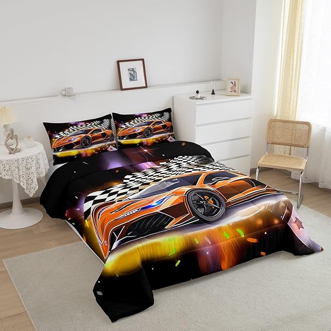 Feelyou Sports Car Comforter Set King Size, Orange Racing Car Bedding Set 3pcs for Kids Boys Teens Bedroom Cool Speed Luxury Car Decor, Black White Plaid Grid Print Quilt Set with 2 Pillowcases