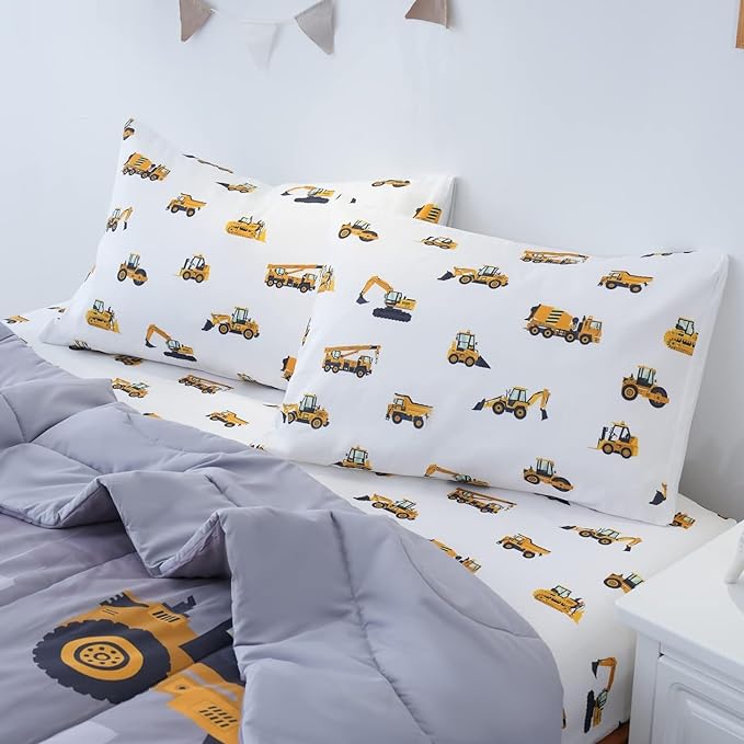 Full Size Comforter Set for Boys, 4-Piece Bed in a Bag, 3D Construction Bedding Comforter Sheet Set, Ultra Soft and Fluffy, Cartoon Truck Cars