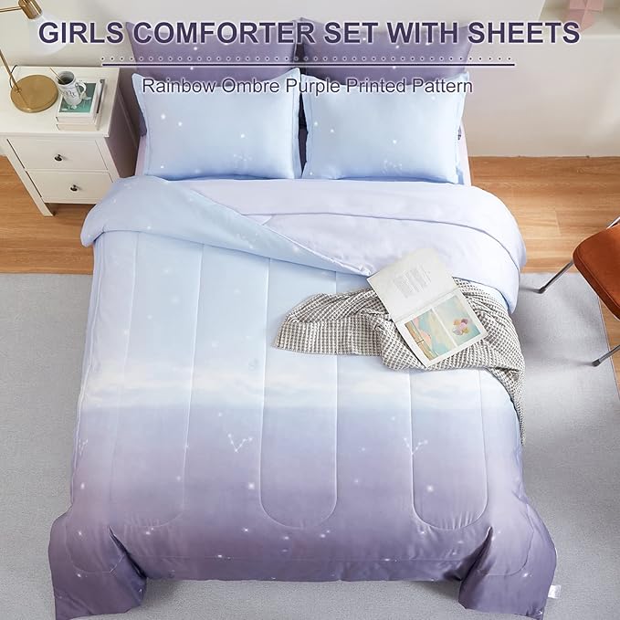 Girls Comforter Set Full Size Colorful Ombre Purple Rainbow Bedding Set Bed in A Bag for Kid Teen Girls 7 Pieces (1 Comforter, 1 Flat Sheet, 1 Fitted Sheet, 2 Pillow shams, 2 Pillowcases)