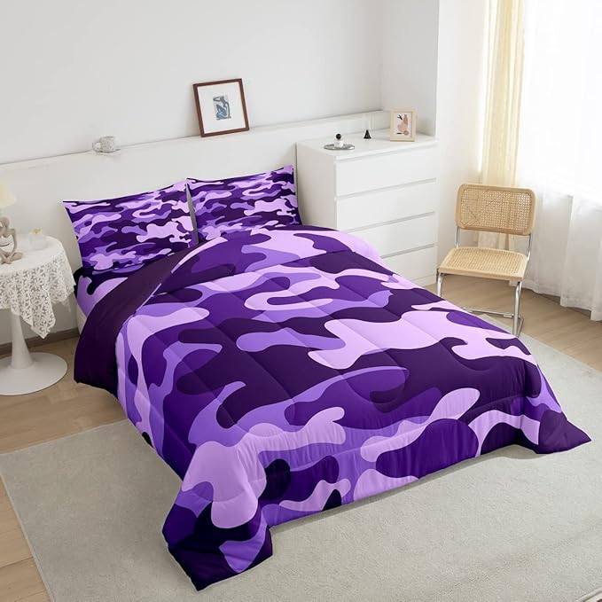 Feelyou Twin Size Camouflage Comforter Set 3Pcs Kids Bedding Set for Boys Girls Teens 1 Comforter & 2 Pillowcases(Twin,Purple)