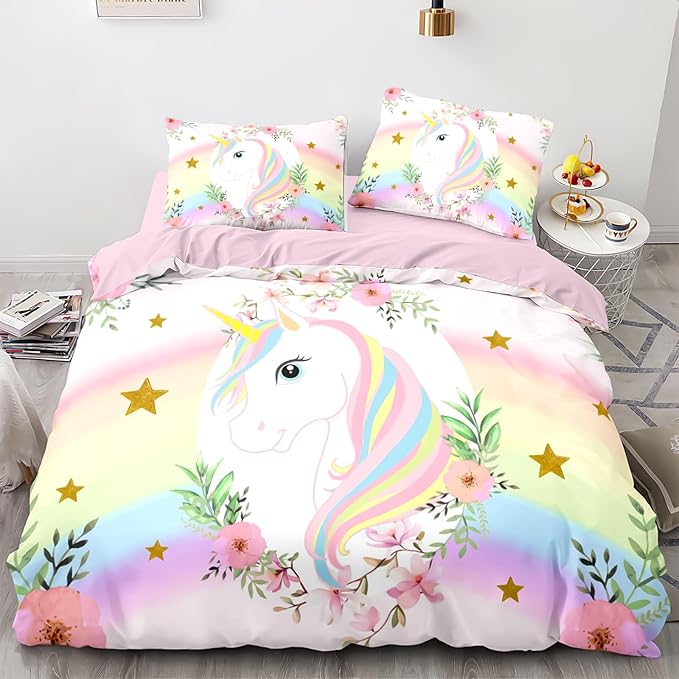Kids Comforter Bedding Set 3 Piece Super Soft Breathable Print Kids Bedding Sets for Girls, Machine Washable Durable Comforter Set with Comforter, 2 Pillowcases Flowers Stars (Twin,Unicorn)