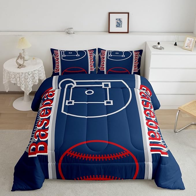 Feelyou Baseball Print Bedding Set King Size Sports Game Comforter Set for Kids Boys Girls Decor Baseball Gaming Comforter Microfiber Ball Duvet Set Bedroom Quilt Set