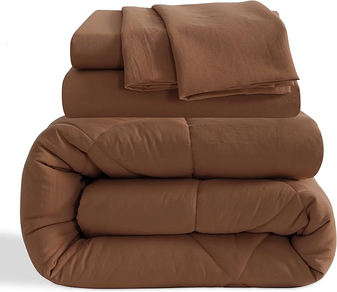 NTBAY Twin Comforter Set with Sheets, 5 Pieces Soft and Breathable Twin Bedding Set, Twin Bed in a Bag, Down Alternative Comforter Set Solid Color All Season, Kids Bedding Set, Brown