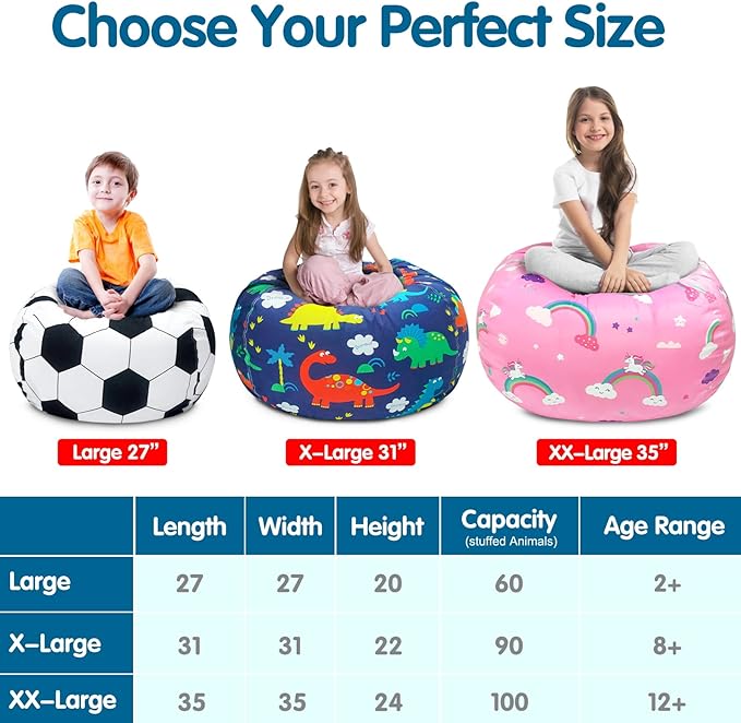 Lukeight Stuffed Animal Storage Bean Bag Chair Cover for Kids, Soccer Zipper Beanbag Chair Cover for Organizing Toddler & Kids' Rooms Plush Toys (Soccer, X-Large)