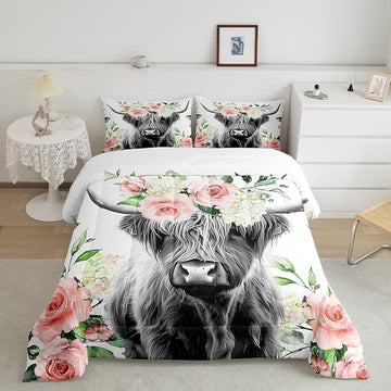 Feelyou Highland Cow Bedding Set Kids Rose Floral Bull Cattle Comforter Set for Girls Teens Western Wildlife Animal Comforter Farmhouse Duvet Set Room Decor Quilt Set King Size
