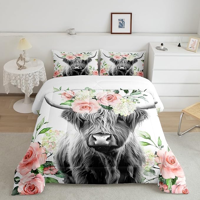 Feelyou Highland Cow Bedding Set Kids Rose Floral Bull Cattle Comforter Set for Girls Teens Western Wildlife Animal Comforter Farmhouse Duvet Set Room Decor Quilt Set King Size