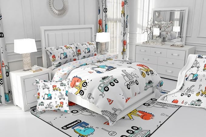 Feelyou Kids Cartoon Car Comforter Set Construction Bedding Set Twin Size Tractor Vehicle Truck Comforter for Kids Boys Girls Cute Dinosaur Quilt Set Yellow Blue Soft for Teens Child Room Decor