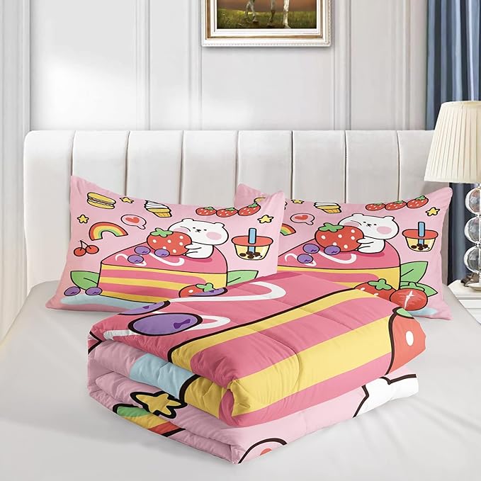 Kawaii Bear Comforter Twin,Pink Bear Comforter Set for Kids Teens Girls,3Pcs Bedding Set Printed Comforter with 2 Pillowcases,Down Alternative,Soft and Lightweight，Twin Size