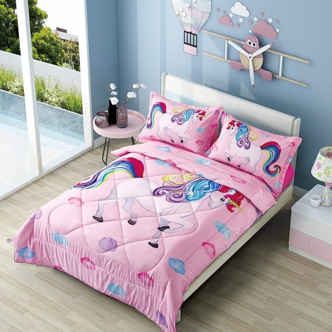 Wowelife Unicorn Bedding Set Twin for Girls Comforter Set Twin 5 Pieces Pink Bedding Set for Girls Rainbow Cloud Unicorn Bed Set Twin Kids Bed in a Bag with Sheets, Super Breathable Soft
