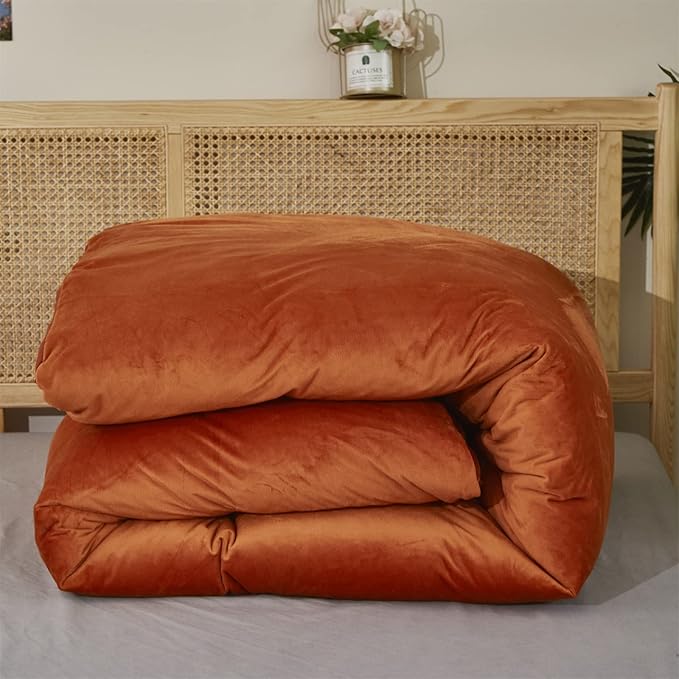 Burnt Orange Color Velvet Comforter Set Full Solid Rust Color Flannel Velvet Bedding Comforter Set All Caramel Colour 3 PCs Shaggy Soft Warm and Durable Flannel Blanket Full