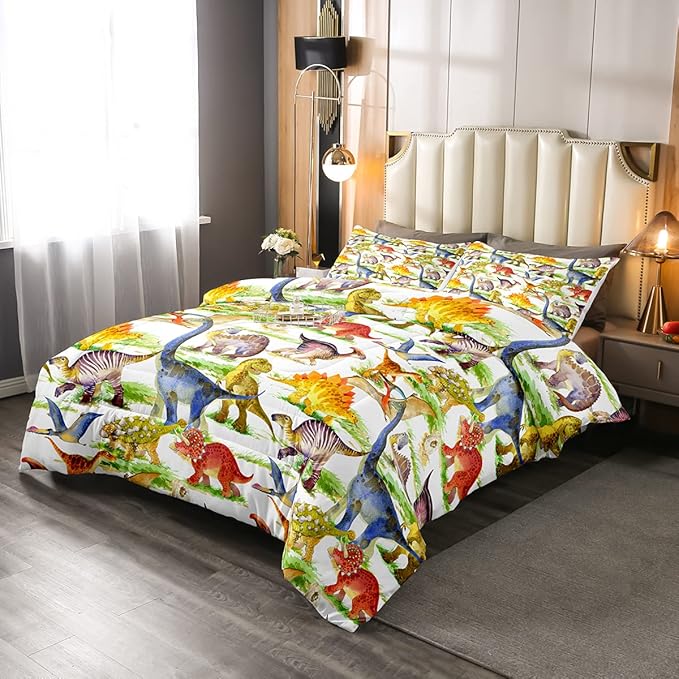 Erosebridal Dinosaur Comforter Set Kawaii Dino Bedding Set for Kids Girls Boys Teens Bedroom Decor, Retro Animal Duvet Insert Watercolor Wildlife Soft Microfiber Quilt with 2 Pillow Cases, Full