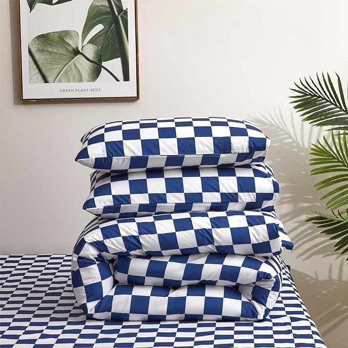 Wellboo Blue White Plaid Comforter Sets California King Diamond Royal Blue and White Checkerboard Grid Bedding Comforters Cal King Cotton Modern Jewelry Blue Checkered Geometric Quilts Sapphire Bed