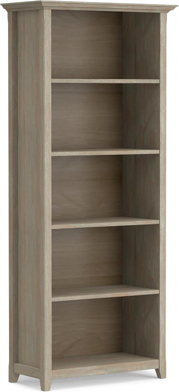 SIMPLIHOME Amherst SOLID WOOD 30 Inch Transitional 5 Shelf Bookcase in Distressed Grey, For the Living Room, Study Room and Office