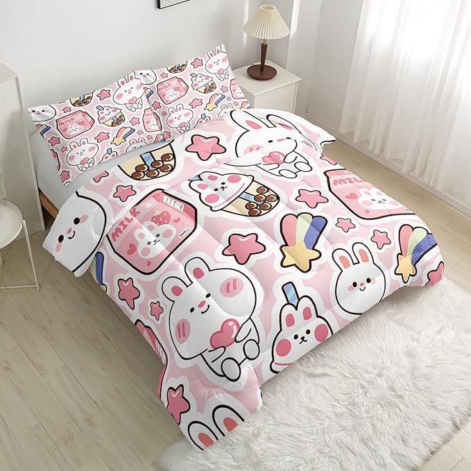 CVHOUSE Kawaii Bedding Full Size,Kawaii Rabbit Bedding Set for Girls Kids,Cute Rabbit Comforter Set Kawaii Rabbit Duvet Set Rabbit Pattren Quilt Set Girls Room Decor 3 Pieces